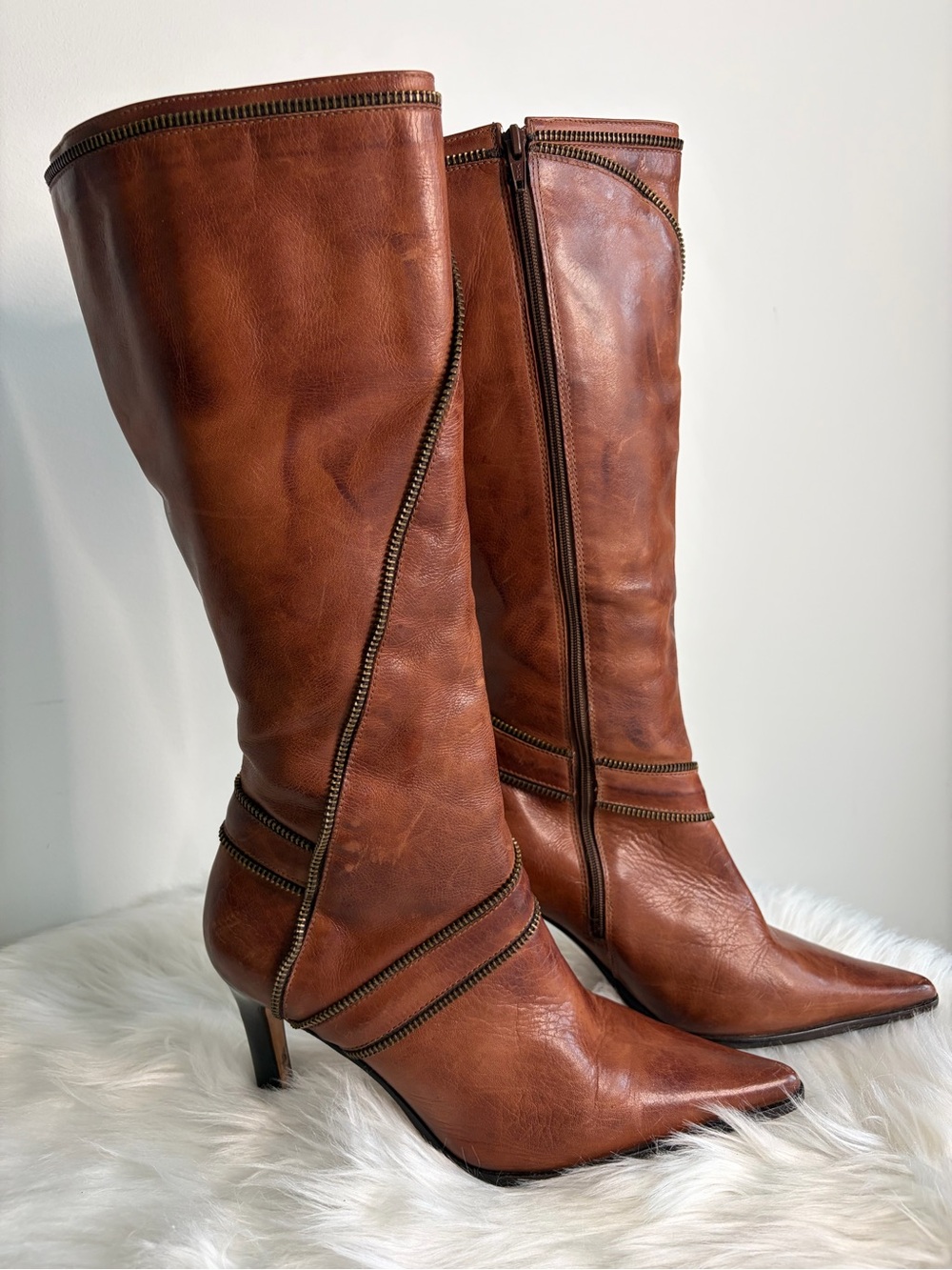 Statement Leather High Boots Distressed Brown Stiletto Heel Zip Detail